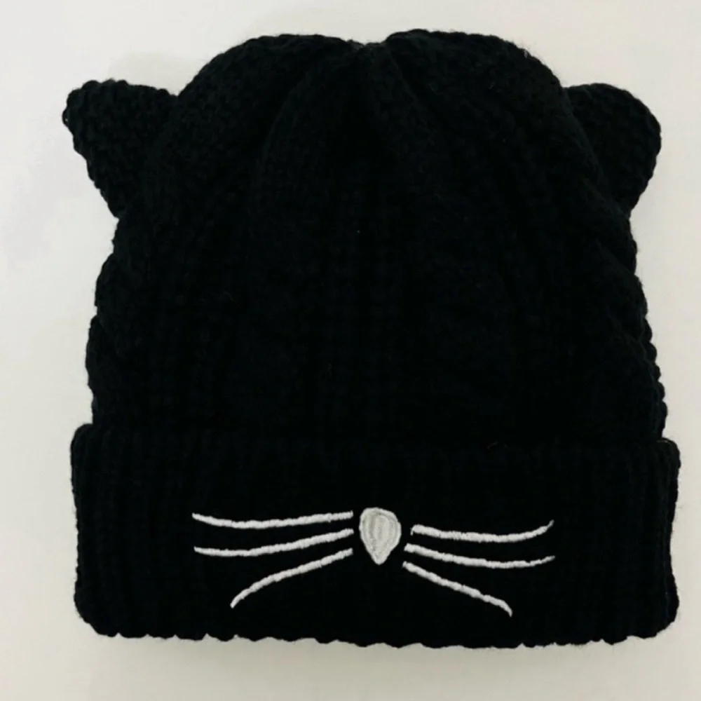 New Black Cat Embroidery Stretchy Knit Hat Beanie Cap Unisex One Size Fits Most - Picture 6 of 6